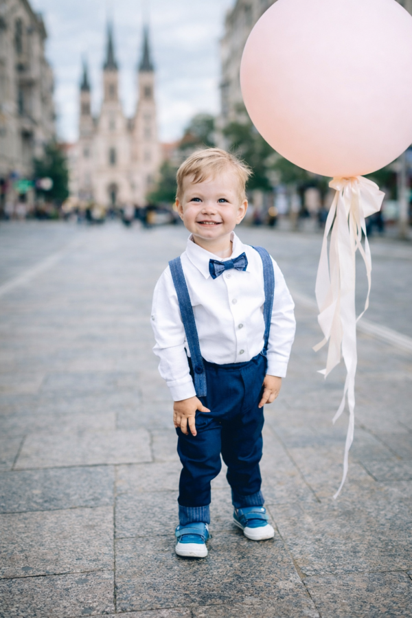 Krikštynų kostiumėlis KLASIKA - TAMSIAI MĖLYNA SU JUOSTELĖMIS
