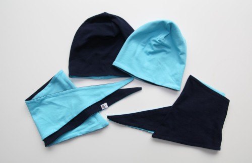 Dvipusis pavasario kepurės komplektas: tamsiai mėlyna + aqua spalva