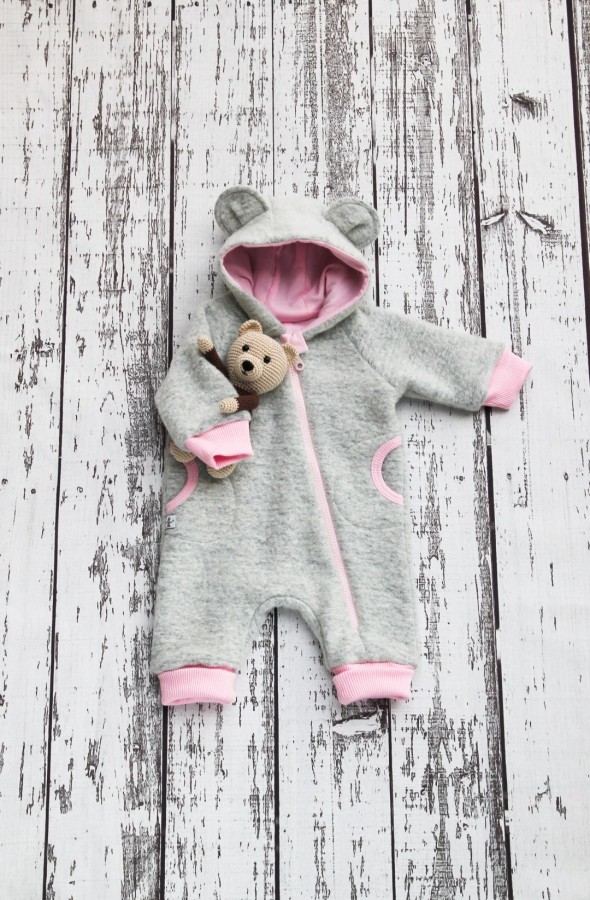 Light Grey Wool Baby Bear - Pink